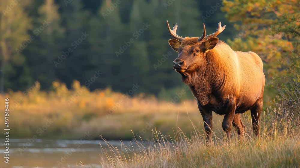 A large bull stands atop a lush, green field adjacent to a body of water The backdrop comprises trees A large bull stands atop a lush, green field adjacent to a body of water The backdrop comprises trees