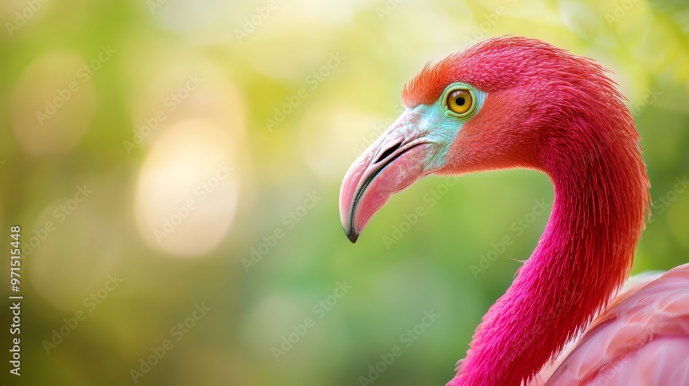 Fototapeta premium A tight shot of a pink flamingo amidst blurred trees and bushes