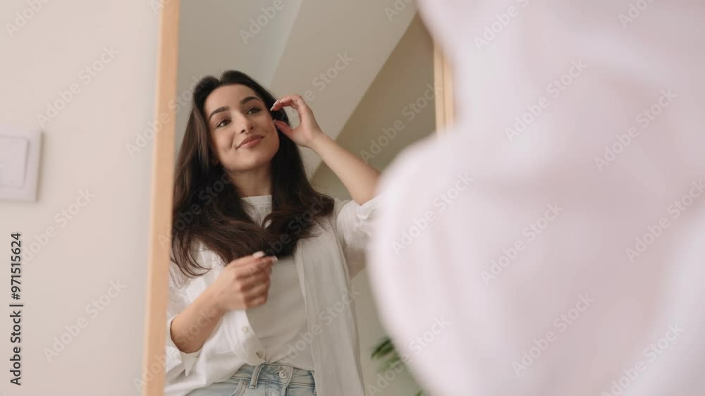 A young woman looks into a mirror, smiling, exuding positivity and high self-esteem in a bright, comfortable room. A young woman looks into a mirror, smiling, exuding positivity and high self-esteem in a bright, comfortable room.