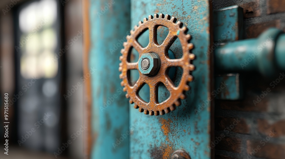 A tight shot of a weathered metal door, adorned with a cogwheel handle, against a backdrop of aged brick wall A tight shot of a weathered metal door, adorned with a cogwheel handle, against a backdrop of aged brick wall