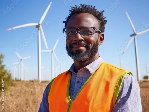 Proud engineer in neon vest, wind turbines in the background, bright blue sky, renewable energy leader with realistic photo and captured with Canon EOS 5D Mark IV, 125mm lens photo