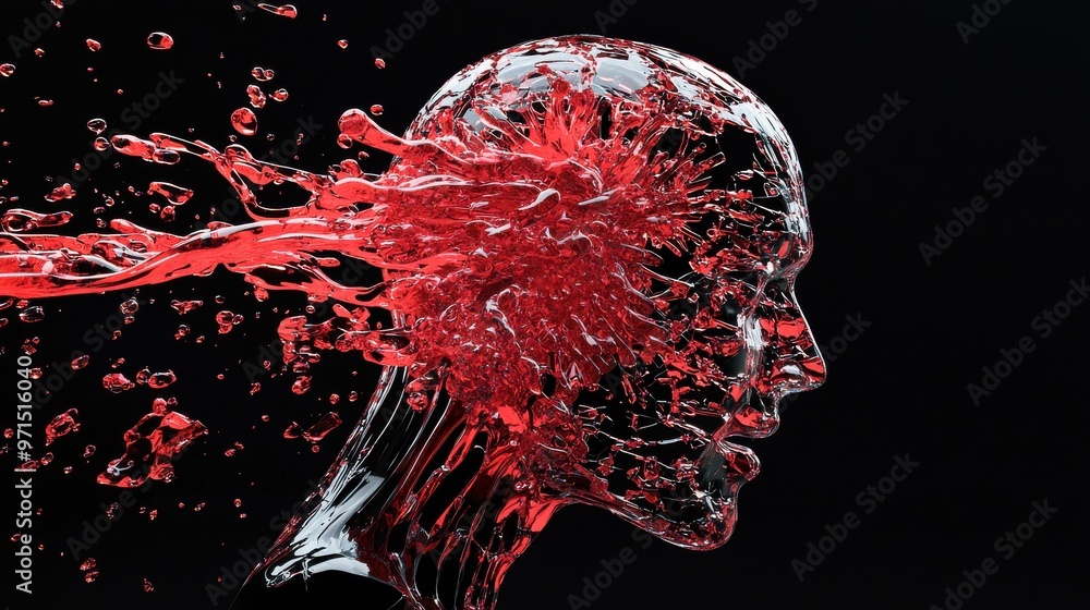 Fototapeta premium A human figure made of fragile glass, cracking and shattering as waves of intense red and black energy surge around them, emotional and mental exhaustion