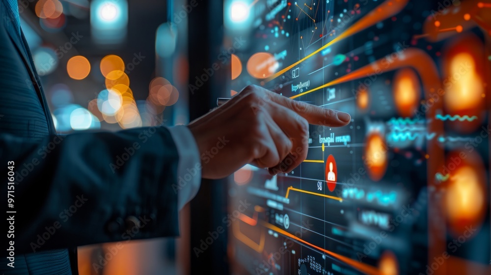 Man in suit pointing at chalkboard while holding pen With a blurred background and modern digital technology, showing a graph of the puppet trading market. Man in suit pointing at chalkboard while holding pen With a blurred background and modern digital technology, showing a graph of the puppet trading market.