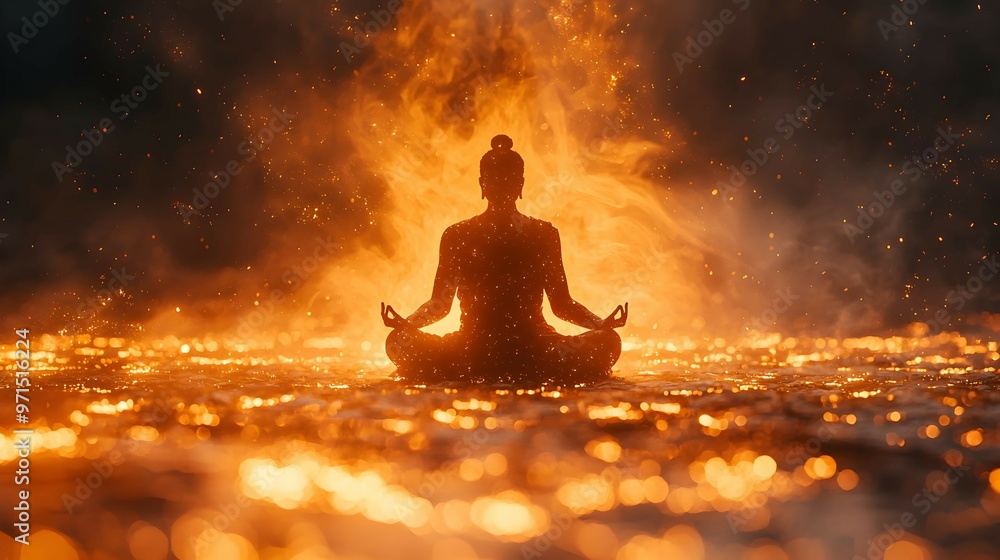 Silhouette of a Person Meditating in Fire and Smoke Silhouette of a Person Meditating in Fire and Smoke
