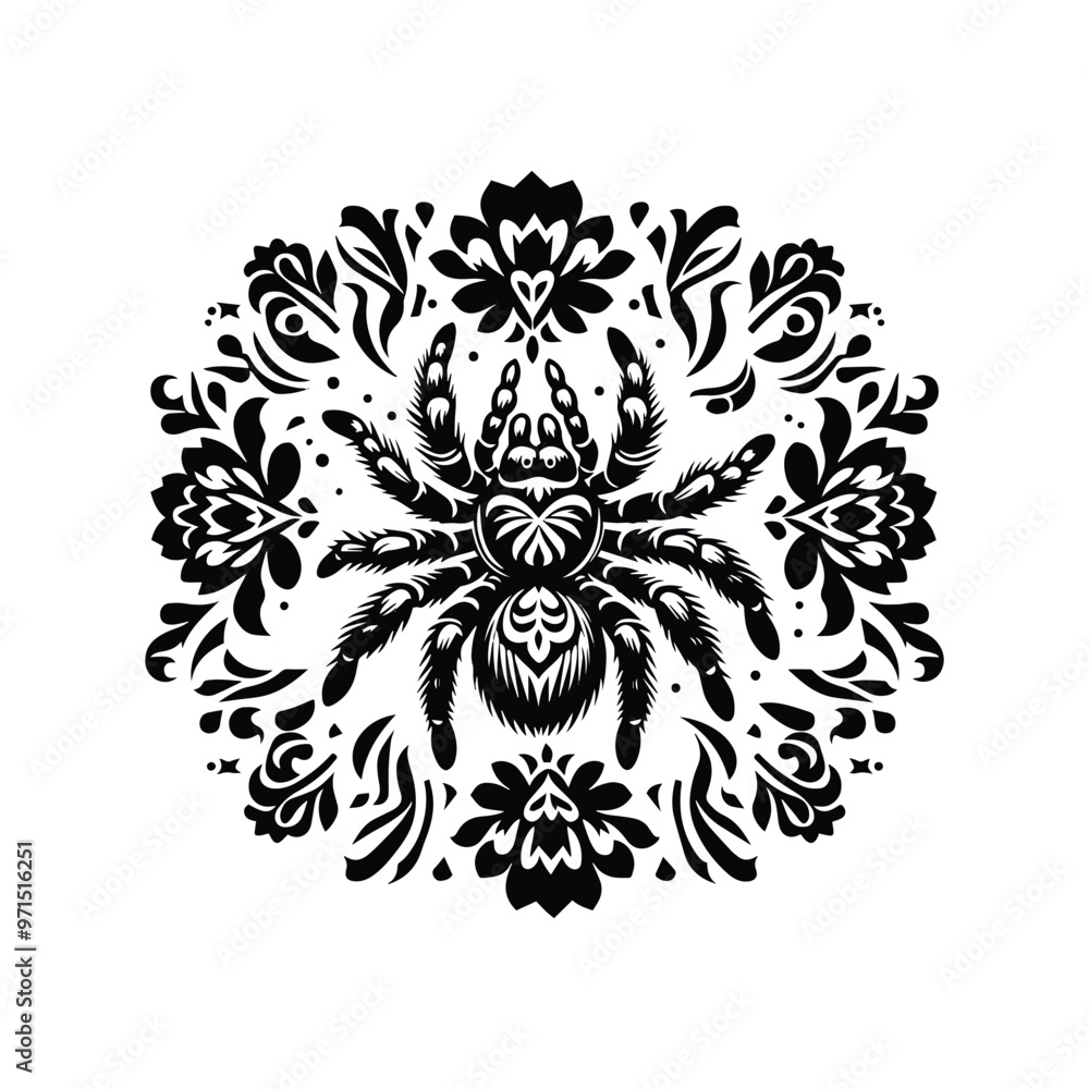 Fototapeta premium tarantula in folk art black and white silhouette illustration