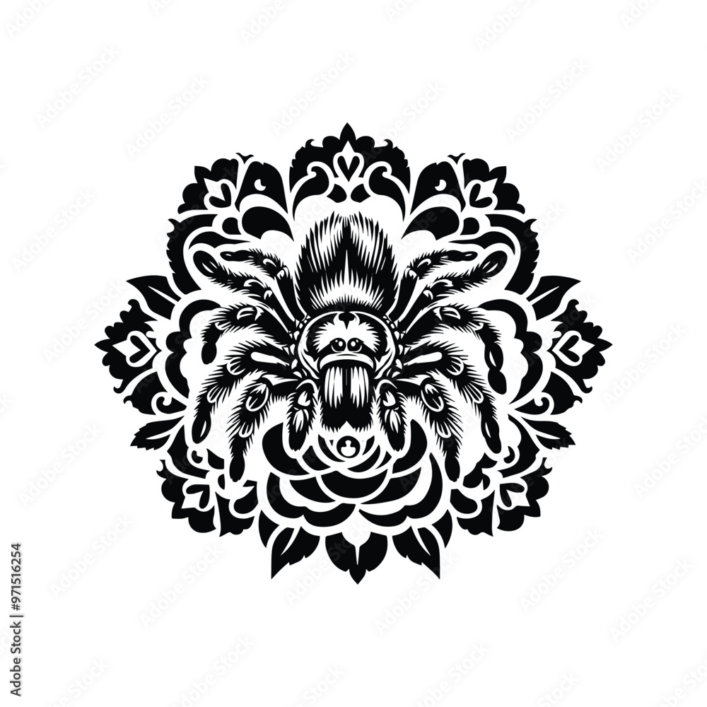 tarantula in folk art black and white silhouette illustration tarantula in folk art black and white silhouette illustration