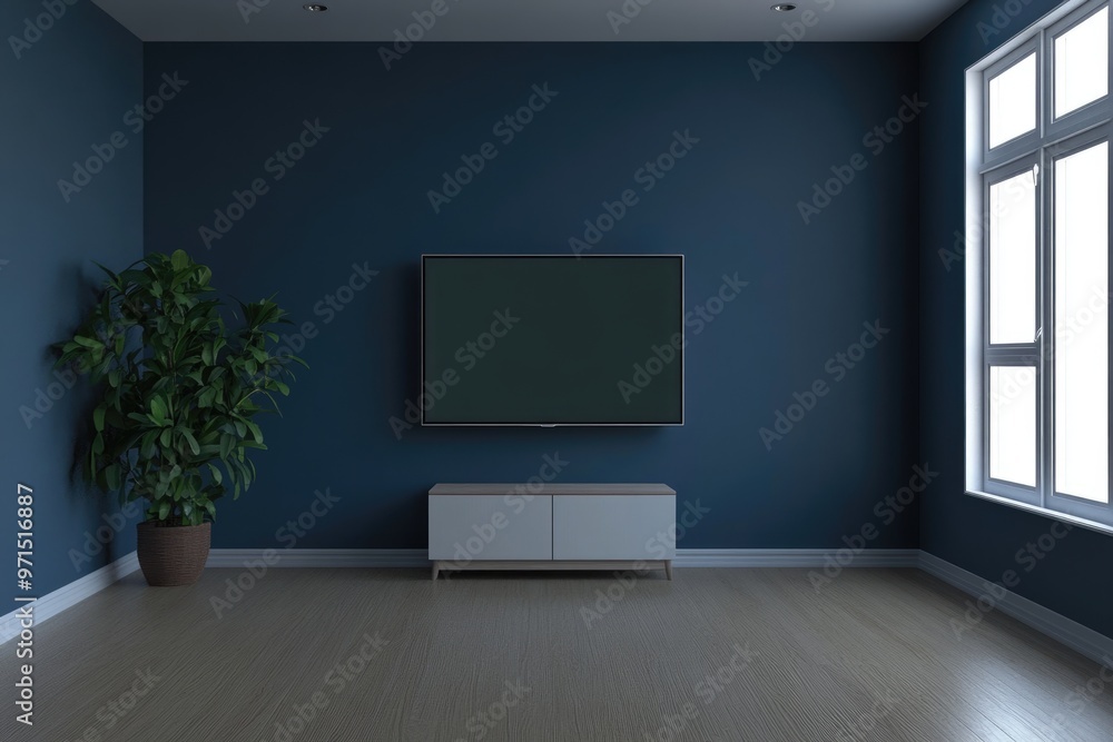 Modern Living Room Interior with LED TV on Blue Wall, Minimalistic Design - 3D Render Modern Living Room Interior with LED TV on Blue Wall, Minimalistic Design - 3D Render