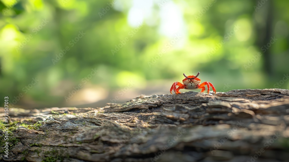 Obraz premium A crab perched atop a tree trunk in the forest, backdrop of trees and grass softly blurred