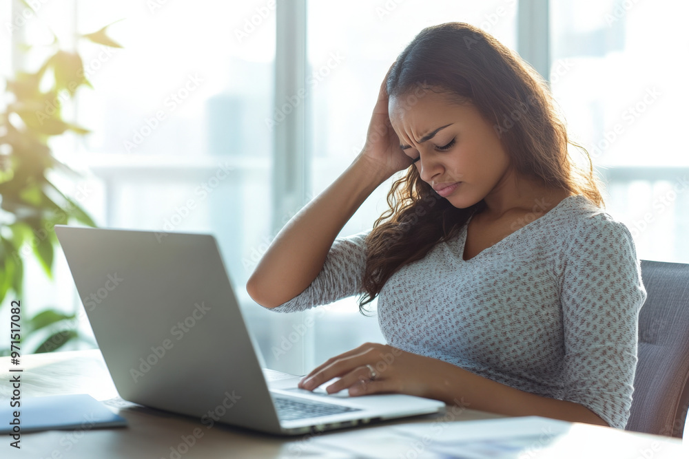 Young woman is feeling stressed while working on her laptop at home Young woman is feeling stressed while working on her laptop at home