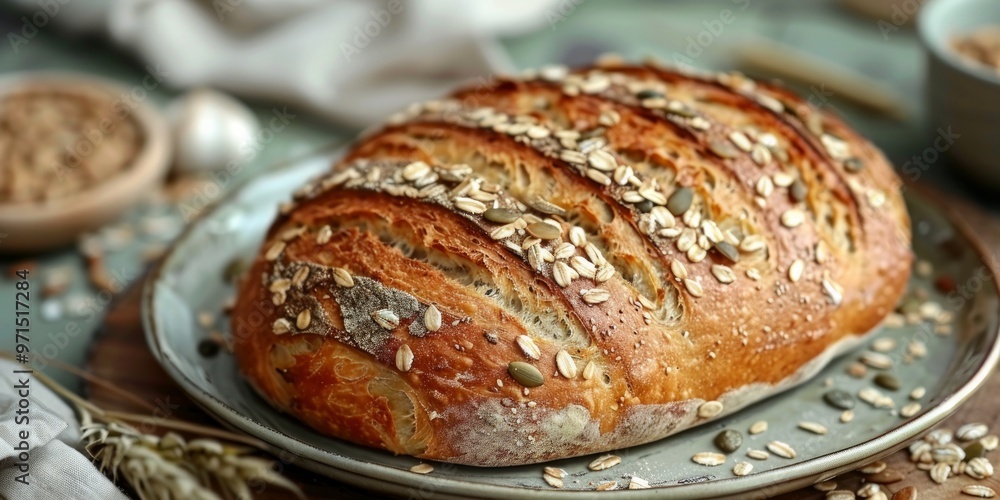 A beautiful, simple food image of a simple oval shaped brown bread covered with toasted oats, seeds and pumpkin seeds. A beautiful, simple food image of a simple oval shaped brown bread covered with toasted oats, seeds and pumpkin seeds.