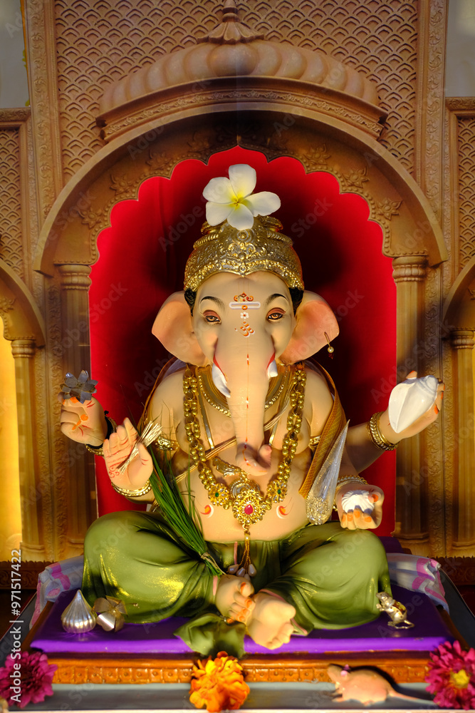 Fototapeta premium 07 September 2024, Newly made idols of the God known as Ganesha or Ganapati for sale at a shop on the eve of Ganesh festival in Pune, India.