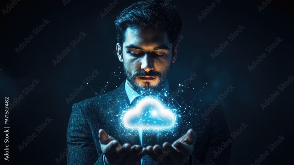 A businessman holds a glowing blue cloud in his hands, representing data storage and technology. A businessman holds a glowing blue cloud in his hands, representing data storage and technology.