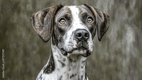  A tight shot of a dog's face, marked with brown and white spots Background softly blurred