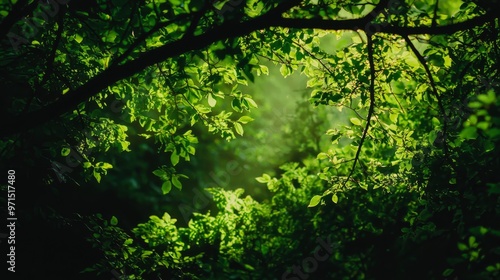  A sunny day's sunbeams filter through verdant tree leaves in a forest