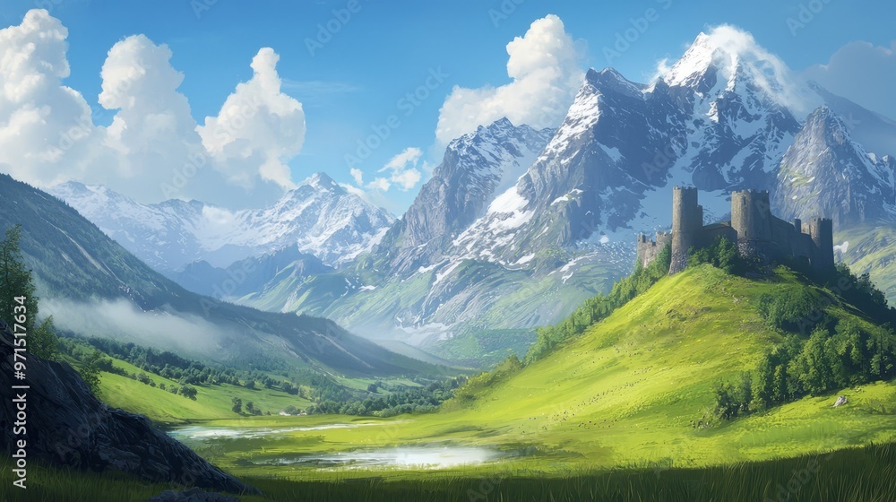 Fototapeta premium A mountain scene painting with a castle in the foreground and a central lake