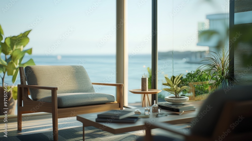 Obraz premium A cozy living room featuring a plush chair and a wooden table, upon which sits an open book Through the window, the serene reflection of a body of water is visible