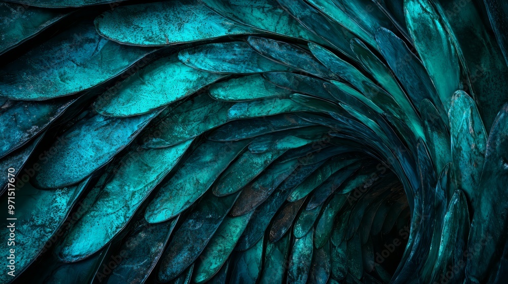 Obraz premium A tight shot of a blue-green wallpaper featuring undulating, wavy leaf patterns