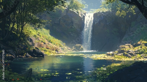  A waterfall painted in a forest, midstream between tranquil body of water and encircling rocks Surrounded by lush greenery photo