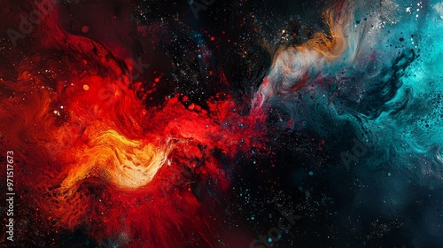  A red, orange, and blue swirl dominates the center of this abstract painting, surrounded by a star-filled expanse