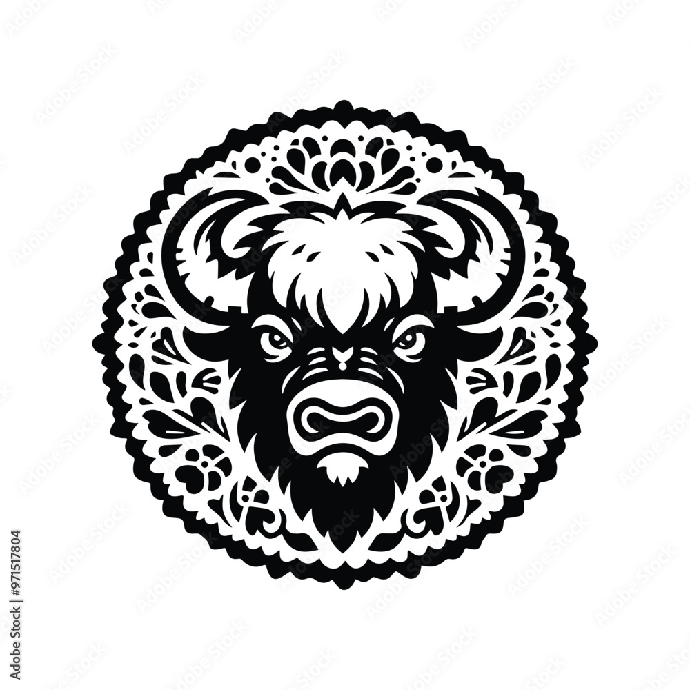 Fototapeta premium Bison in folk art black and white silhouette illustration