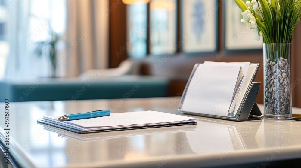 A Blue Pen Rests on a Notepad, with a Vase of Flowers in the Background, Close Up, Office Table, Office Supplies, Minimalist , Office A Blue Pen Rests on a Notepad, with a Vase of Flowers in the Background, Close Up, Office Table, Office Supplies, Minimalist , Office