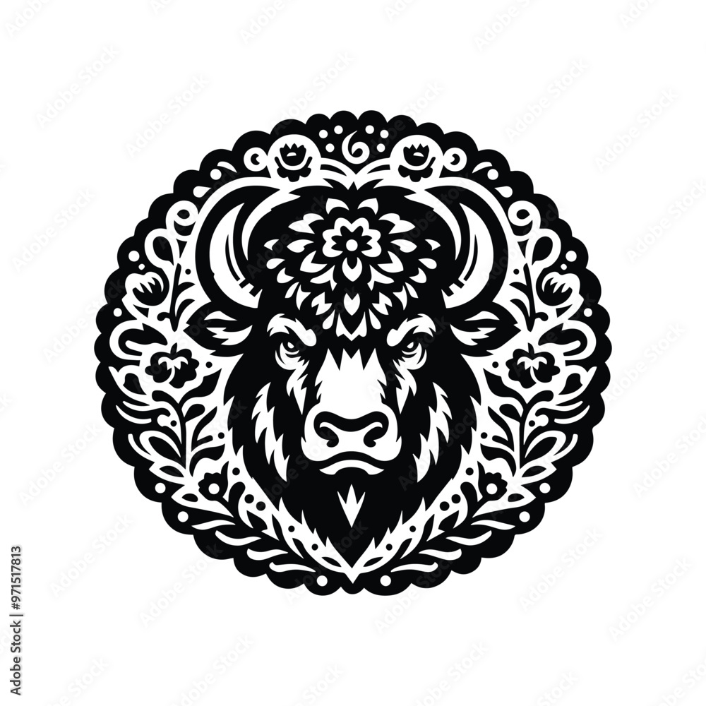 Bison in folk art black and white silhouette illustration Bison in folk art black and white silhouette illustration