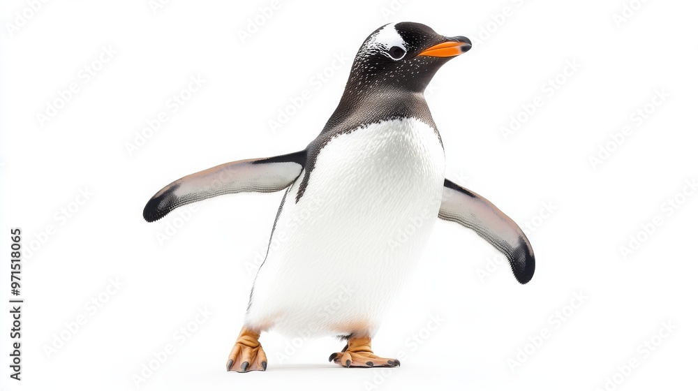 Fototapeta premium A Curious Gentoo Penguin Stands Against A White Background, Photography , Gentoo Penguin , Antarctic