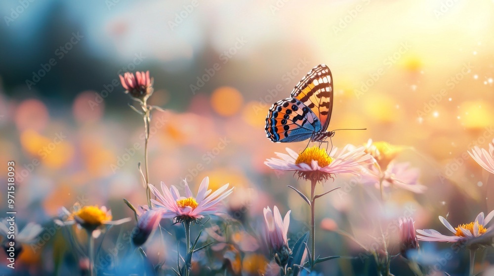 A vibrant butterfly perched on colorful flowers in a serene meadow during a beautiful sunset, capturing the essence of nature's tranquility. A vibrant butterfly perched on colorful flowers in a serene meadow during a beautiful sunset, capturing the essence of nature's tranquility.
