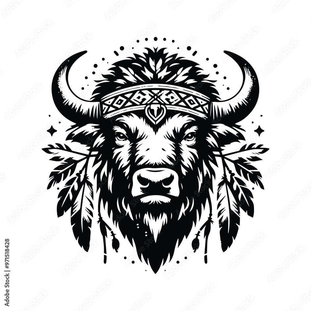 Obraz premium Buffalo in bohemian black and white silhouette illustration