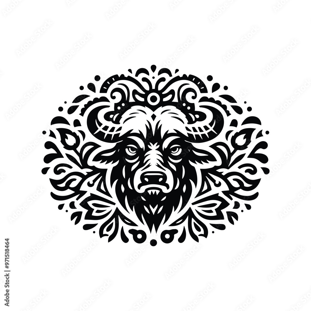 Buffalo in folk art black and white silhouette illustration Buffalo in folk art black and white silhouette illustration