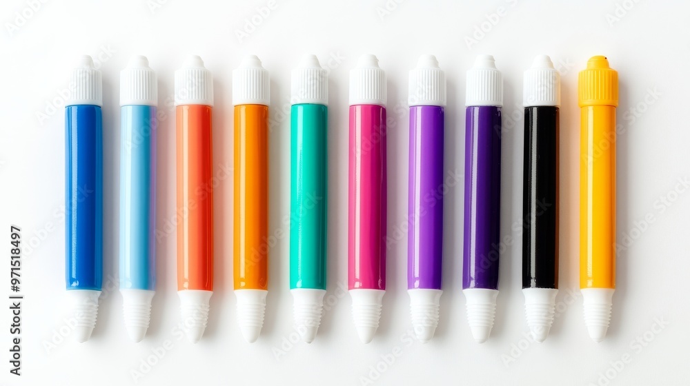 Fototapeta premium A Row of Colorful Markers on a White Background, Close-up, White Background, Markers, Art Supplies, Creativity, Color