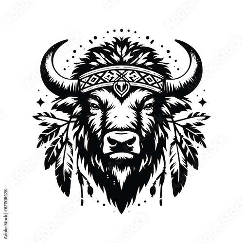 Buffalo in bohemian black and white silhouette illustration