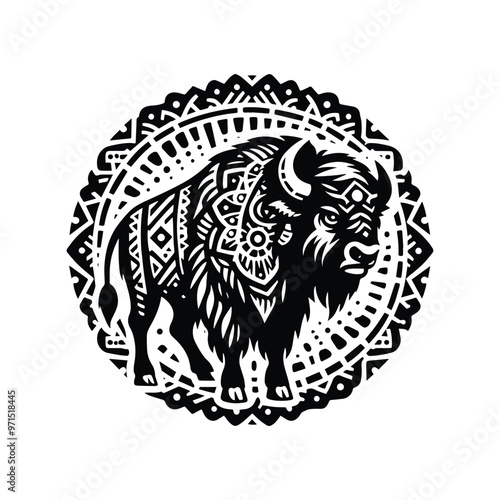 Buffalo in bohemian black and white silhouette illustration