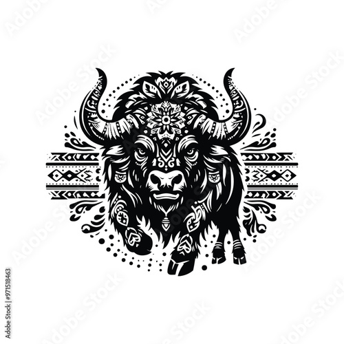 Buffalo in bohemian black and white silhouette illustration