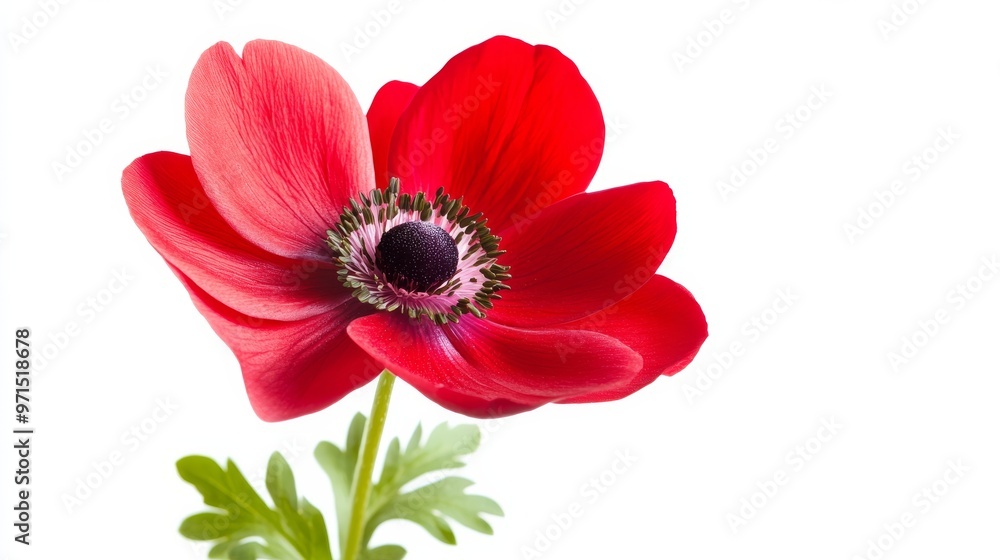 Fototapeta premium A Single Red Anemone Flower Isolated on a White Background, Vibrant Colors, Close-up, Nature, Botany, Flower, Anemone