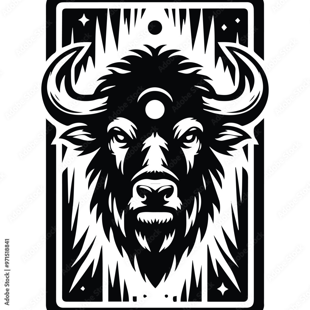 Fototapeta premium Buffalo in Tarot card black and white silhouette illustration