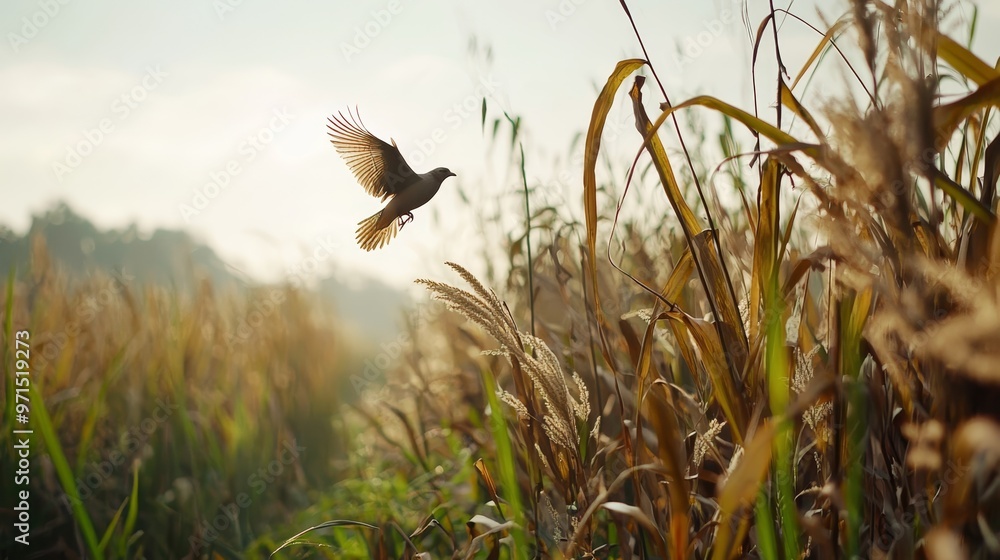 Fototapeta premium Bird soaring above field of tall grass Sun shines through clouds in background