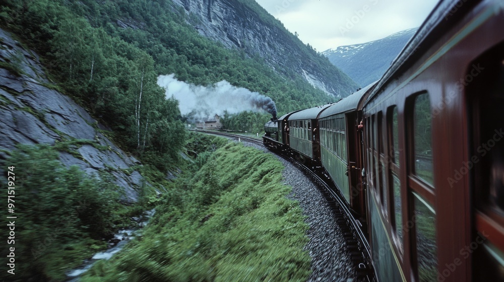 Fototapeta premium train traveling fast through rural mountain
