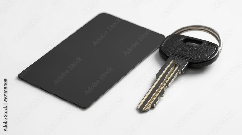 Black Keycard and Key on White Background, Keycard, Key, Access Control, Security Black Keycard and Key on White Background, Keycard, Key, Access Control, Security