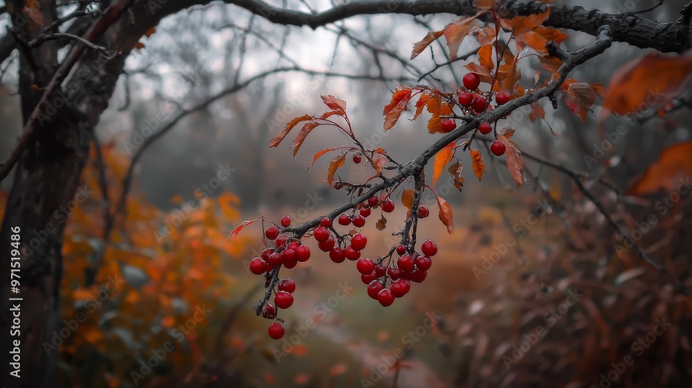A tree bearing red fruits dangles them from branches against a backdrop of a forest ablaze with yellow and orange foliage A tree bearing red fruits dangles them from branches against a backdrop of a forest ablaze with yellow and orange foliage
