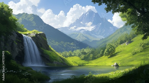 Mountain scene with foreground waterfall, mid-picture lake