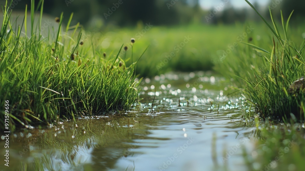 A body of water encircled by verdant grass; grassy edge dotted with droplets A body of water encircled by verdant grass; grassy edge dotted with droplets