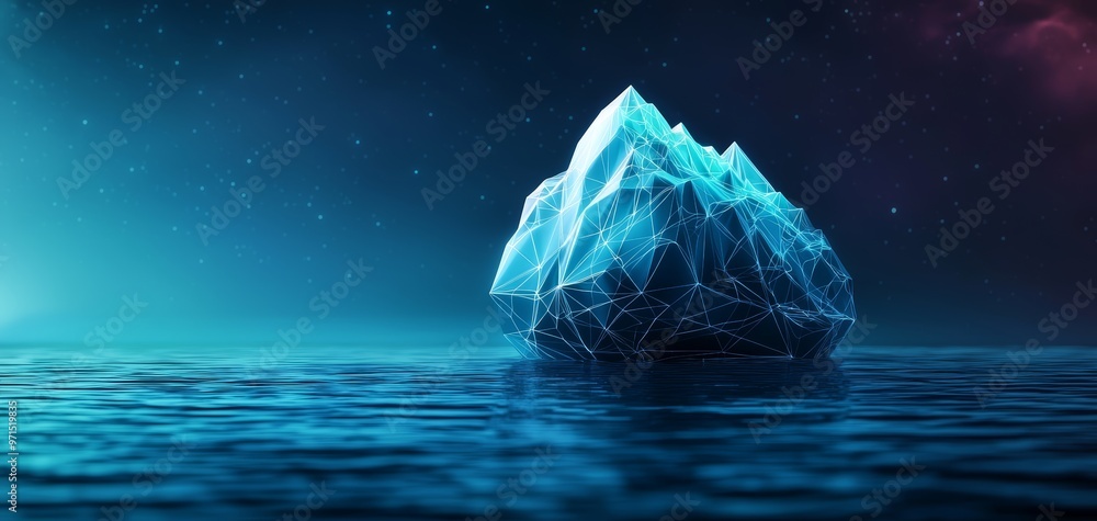 Fototapeta premium Iceberg floating in a calm sea, with its underwater structure shown as a glowing network of geometric shapes, data iceberg, hidden structures in nature