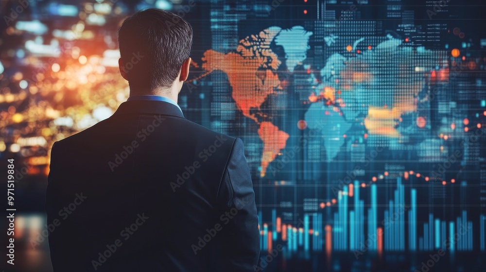 Businessman Silhouetted Against Global Data Visualization, Data Analysis, Business Strategy, Technology Businessman Silhouetted Against Global Data Visualization, Data Analysis, Business Strategy, Technology