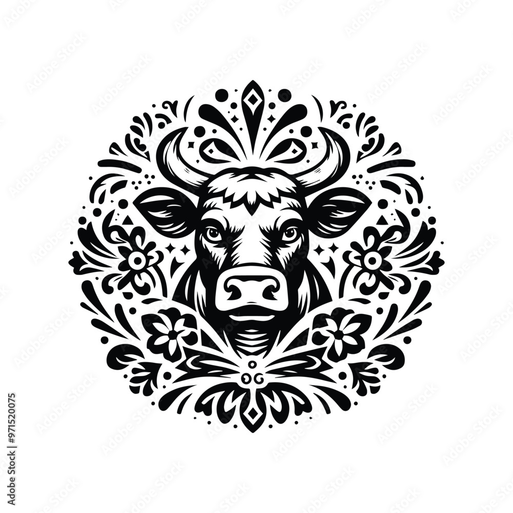 Cow in folk art black and white silhouette illustration Cow in folk art black and white silhouette illustration