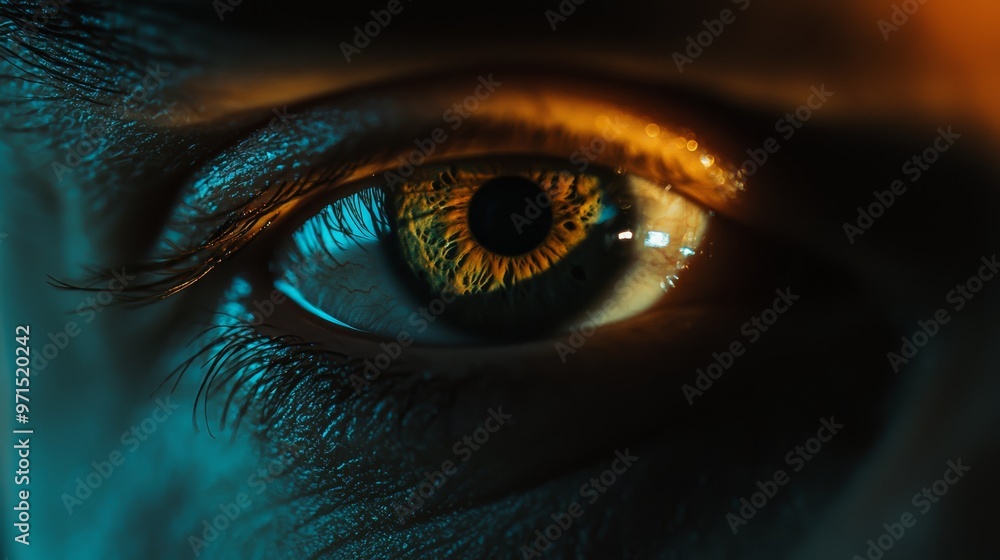 A tight shot of an eye, displaying a blue-yellow iris at its core A tight shot of an eye, displaying a blue-yellow iris at its core