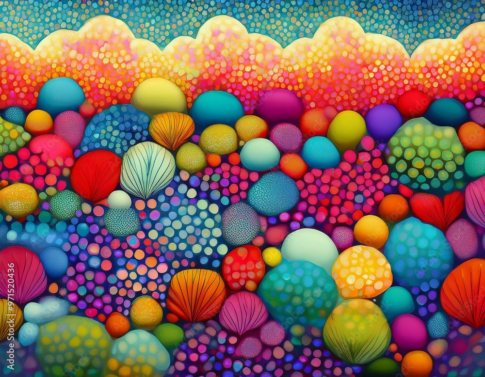 Fototapeta premium A vibrant, abstract scene with colorful circular and bubble-like shapes, ideal for playful, whimsical, and energetic design projects.