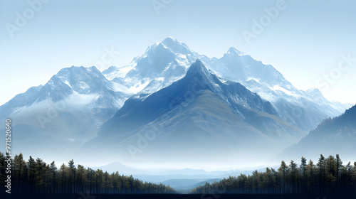 A serene mountain landscape with mist and pine trees, evoking tranquility and nature's beauty.