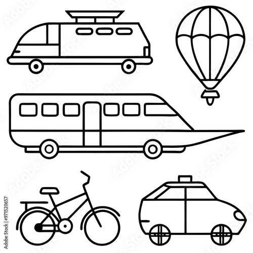 transportation set outline coloring book page line art drawing