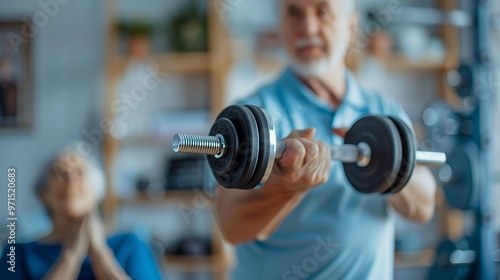 Close-up of a senior man lifting weights with his arms extended towards the camera.